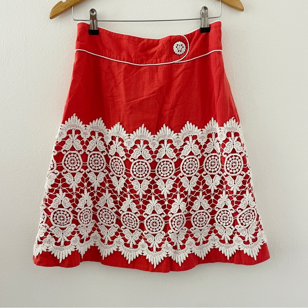 Anthropologie Floreat Walled City Orange Red White Lace Overlay Skirt